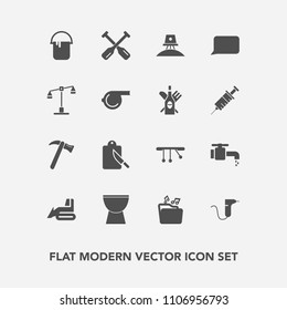 Modern, simple vector icon set with faucet, construction, clinic, industry, canoe, science, wrench, interior, astronaut, tap, equipment, hammer, dentistry, kitchen, color, boat, spaceship, talk icons