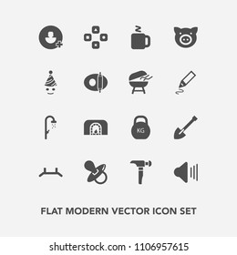 Modern, simple vector icon set with hygiene, weight, game, construction, audio, fireplace, shower, water, hammer, music, bathroom, shovel, animal, drink, account, heavy, warm, fun, piglet, pull icons