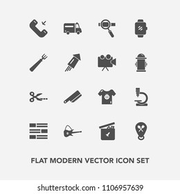Modern, simple vector icon set with technology, toy, musical, music, child, fork, celebration, news, play, research, dinner, button, smart, kid, biology, location, call, knife, bear, phone, sign icons