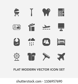 Modern, simple vector icon set with business, team, water, travel, fashion, roller, carousel, brush, shirt, food, weather, aircraft, park, hostel, barbecue, flight, people, wheel, toy, health icons