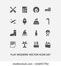 Modern, simple vector icon set with document, holiday, accounting, oar, edit, construction, business, finance, paddle, summer, clown, sign, circus, wax, calculator, boat, white, decoration, fire icons