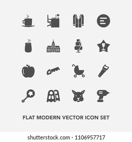 Modern, simple vector icon set with stroller, outfit, menu, coffee, percussion, animal, sea, healthy, infant, fruit, table, work, carriage, button, jacket, music, pram, musical, child, drink icons
