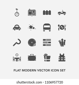 Modern, simple vector icon set with news, bike, newspaper, box, circus, transportation, food, album, education, style, dinner, sickle, piece, sound, bag, textbook, music, fashion, strategy, king icons