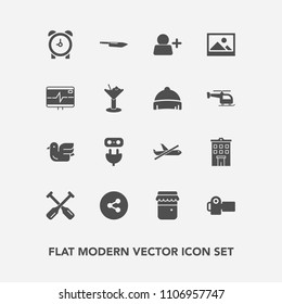 Modern, simple vector icon set with glass, knife, social, jar, boat, add, clock, internet, jam, photo, photographer, sky, camera, honey, technology, water, travel, energy, alarm, food, paddle icons