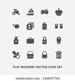 Modern, simple vector icon set with garbage, child, kid, location, ship, truck, field, farm, leather, bag, object, lock, transportation, infant, soap, box, shipping, travel, cake, tractor, trash icons