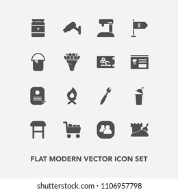 Modern, simple vector icon set with money, painter, team, flame, cup, social, commerce, group, paint, tower, surveillance, sewing, hot, nutrition, home, fireplace, color, comfortable, sign, cart icons