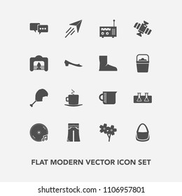 Modern, simple vector icon set with pants, flower, sakura, talk, fashion, paper, station, planet, space, transparent, drink, radio, coffee, glass, woman, fire, blossom, technology, test, meat icons