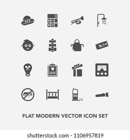 Modern, simple vector icon set with sound, patient, flashlight, gift, telephone, conditioner, spacecraft, dentist, light, present, accounting, stationary, bed, spaceship, cradle, baby, shower icons