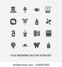 Modern, simple vector icon set with motel, dental, bucket, houseboat, texas, phone, hanger, west, kitchen, healthy, white, bag, appliance, water, flower, label, sheriff, gas, privacy, old, well icons