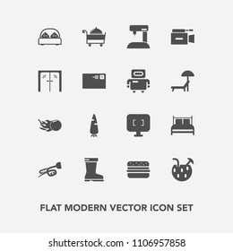 Modern, simple vector icon set with footwear, vegetable, hamburger, equipment, sound, bed, microphone, camera, computer, service, handle, machine, monitor, comet, food, furniture, space, drink icons