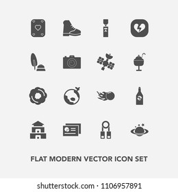 Modern, simple vector icon set with poker, nature, comet, love, doughnut, astronomy, plane, flight, travel, ink, pagoda, world, presentation, training, gallon, food, game, beverage, water, globe icons