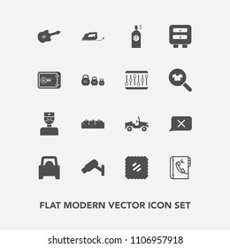 Modern, simple vector icon set with musical, finance, sign, money, phone, kilogram, postage, woman, security, bank, surveillance, vehicle, medical, weight, letter, food, spray, doctor, music icons