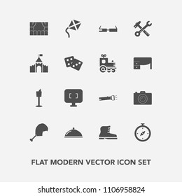 Modern, simple vector icon set with toy, tool, leisure, modern, building, screen, flashlight, computer, meat, map, food, dice, restaurant, chicken, fashion, service, wrench, footwear, smart icons