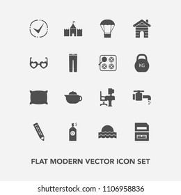 Modern, simple vector icon set with office, breakfast, light, bed, computer, nature, building, sink, hippie, hot, water, drink, tower, estate, sign, pen, work, pillow, paint, document, sun, file icons