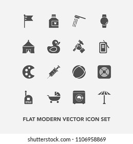 Modern, simple vector icon set with pram, culture, hygiene, fan, baby, child, japanese, umbrella, dentistry, boy, kid, dental, drill, clinic, art, machine, gadget, palette, shower, drawing, bath icons