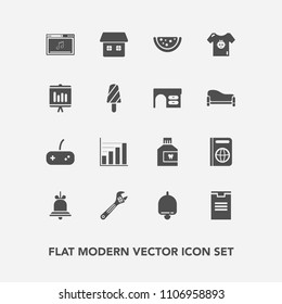 Modern, simple vector icon set with summer, child, game, tool, hammer, report, ring, dessert, tourism, hygiene, clothes, dental, package, business, passport, mouth, home, music, shipping, box icons