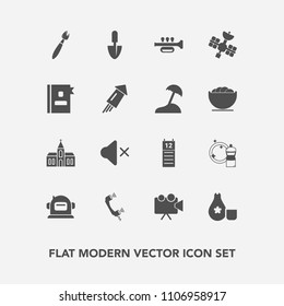 Modern, simple vector icon set with satellite, japan, celebration, religious, projector, firework, volume, reminder, tool, holiday, astronaut, sign, calendar, business, projection, building icons