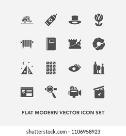 Modern, simple vector icon set with glass, sweet, trailer, video, nature, hat, food, camp, flower, beautiful, girl, blossom, toy, camera, journey, film, clean, ball, laptop, floral, handle, bar icons