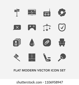 Modern, simple vector icon set with table, brush, furniture, hygiene, food, sign, doughnut, direction, clean, road, radio, leisure, sound, pulse, care, match, drink, health, competition, sport icons