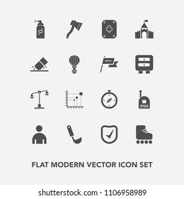 Modern, simple vector icon set with erase, medieval, education, business, axe, male, game, castle, judge, eraser, compass, leisure, paint, white, kitchen, justice, grunge, security, skate, check icons