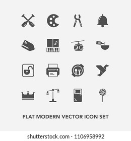 Modern, simple vector icon set with industrial, water, unlock, machine, lollipop, canoe, technology, boat, bell, protection, security, plate, balance, printer, candy, kid, table, art, repair icons