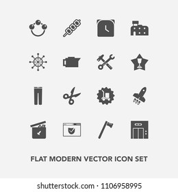 Modern, simple vector icon set with pants, elevator, trousers, clothes, equipment, internet, hour, rocket, launch, clothing, spanner, barbecue, baby, check, entrance, cut, grilled, security, web icons