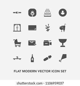 Modern, simple vector icon set with search, television, stroller, avatar, sweet, joy, drink, radio, baby, brush, hanger, profile, black, glass, video, pie, belt, sound, sky, child, microphone,  icons