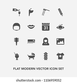 Modern, simple vector icon set with dessert, brush, faucet, light, drink, ice, care, kid, child, picture, lady, clothing, baby, woman, shower, bath, hair, wine, water, young, bathroom, cream icons