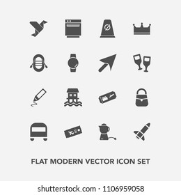 Modern, simple vector icon set with gadget, king, transportation, air, kitchen, bus, launch, paper, sign, office, breakfast, rocket, origami, fashion, appliance, houseboat, smart, ticket, street icons