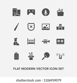 Modern, simple vector icon set with closed, security, bag, ringing, business, record, restaurant, home, real, building, luggage, leisure, casette, tennis, communication, file, waiter, ping, food icons