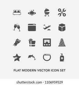 Modern, simple vector icon set with grill, earth, dolphin, fun, child, space, flower, watch, smart, food, box, happy, planet, wildlife, street, nature, floral, furniture, package, beautiful, bed icons