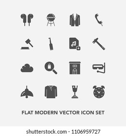 Modern, simple vector icon set with woman, cloud, electric, bbq, mask, barbecue, communication, suit, clock, phone, time, female, meat, sea, cooking, music, clothes, achievement, justice, house icons