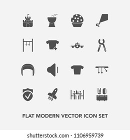 Modern, simple vector icon set with dinner, toy, exercise, sound, cake, doughnut, pendulum, white, athlete, joy, percussion, plastic, work, shirt, up, security, kite, fashion, sand, background icons