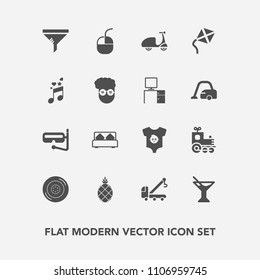 Modern, simple vector icon set with pineapple, device, exotic, kid, bike, bedroom, transport, bed, fruit, wheel, clothes, glass, furniture, clothing, baby, tire, toy, mask, snorkel, summer, tow icons