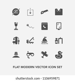 Modern, simple vector icon set with flight, gym, duck, truck, airplane, sign, wind, scan, download, aircraft, space, science, tow, mask, vehicle, white, board, sport, plane, rubber, play, toy icons