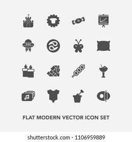 Modern, simple vector icon set with cooking, bar, sweet, file, geography, plastic, annual, child, drink, lollipop, cocktail, pan, meat, map, play, shirt, glass, document, grilled, world, flame icons