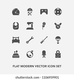 Modern, simple vector icon set with tool, poker, jump, flight, interior, world, hammer, sweet, joystick, cake, map, rider, wrench, casino, game, motorcycle, industry, doughnut, work, car, plane icons