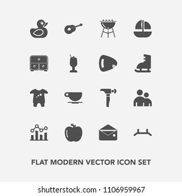 Modern, simple vector icon set with bbq, cafe, kid, healthy, child, barbecue, music, trend, finance, clothing, communication, fresh, rubber, message, pull, cappuccino, graph, fruit, construction icons