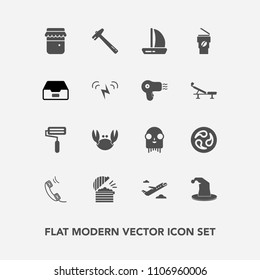 Modern, simple vector icon set with glass, flight, document, fiction, airplane, phone, boat, wind, restaurant, fresh, hot, circus, plane, ufo, drink, crab, honey, jam, alien, paint, departure icons