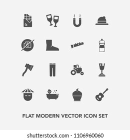 Modern, simple vector icon set with people, pie, bar, sweet, alcohol, farm, tractor, bath, red, winner, young, baby, magnet, energy, chocolate, agricultural, trousers, dessert, clothes, kid, axe icons