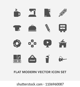 Modern, simple vector icon set with machine, sign, document, clothing, media, building, kebab, white, dessert, sound, music, meat, computer, paper, grilled, technology, play, musical, cake, sew icons