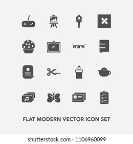 Modern, simple vector icon set with cut, house, drink, spring, music, white, chart, file, tool, wax, butterfly, mark, hot, dessert, artist, insect, nest, fire, identity, candle, teapot, food icons