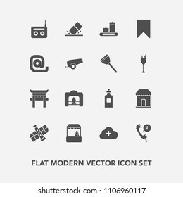 Modern, simple vector icon set with bag, rubber, japanese, grocery, music, media, planet, headset, eraser, drink, shop, shrine, station, sound, market, technology, travel, add, white, erase icons
