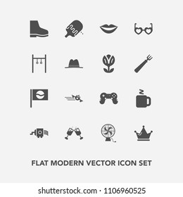Modern, simple vector icon set with travel, fan, crown, style, royal, lips, air, cheese, glass, drink, play, cup, red, hippie, flight, footwear, japanese, hot, sign, sport, girl, teeth, female icons