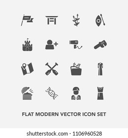 Modern, simple vector icon set with wind, plant, nation, japan, plastic, pin, toy, boat, harvest, restaurant, torii, location, water, agriculture, male, music, travel, chef, road, sand, paddle icons