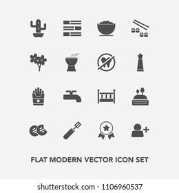 Modern, simple vector icon set with snack, french, add, japan, bowl, sakura, bed, potato, pan, newspaper, internet, seafood, kitchen, white, empty, dessert, winner, sign, sushi, cherry, sweet icons