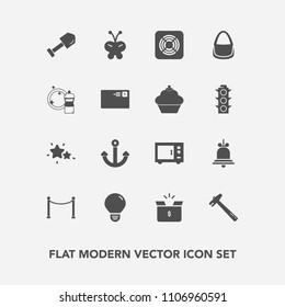 Modern, simple vector icon set with fan, equipment, construction, alert, spanner, white, anchor, container, fence, air, idea, light, nature, cardboard, bulb, alarm, broom, box, sky, bell, insect icons