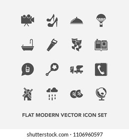 Modern, simple vector icon set with beauty, equipment, energy, female, rain, baby, cement, infant, food, global, ringing, concrete, construction, projector, cookie, mill, fashion, high, wet, toy icons