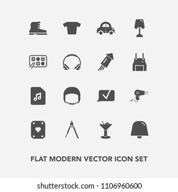 Modern, simple vector icon set with table, sound, drink, transportation, tool, shirt, sign, footwear, home, chat, game, work, note, transport, food, music, restaurant, alcohol, engineering, bar icons