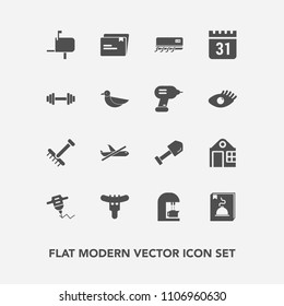 Modern, simple vector icon set with coffee, espresso, travel, house, autumn, dinner, mail, airplane, plane, conditioning, real, building, machine, rake, document, estate, sausage, construction icons